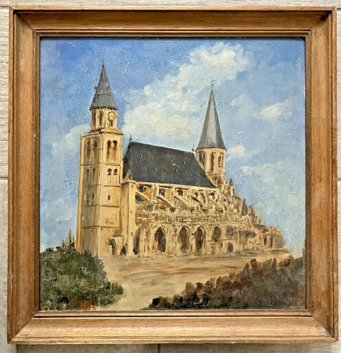 Huile sur panneau ancienne Eglise Notre Dame de Poissy 1976 signée C.Marie