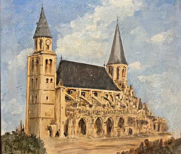 Huile sur panneau ancienne Eglise Notre Dame de Poissy 1976 signée C.Marie