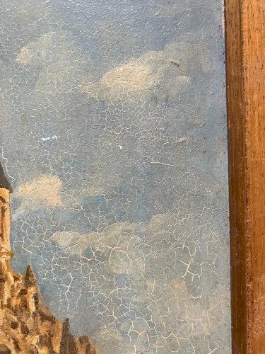 Huile sur panneau ancienne Eglise Notre Dame de Poissy 1976 signée C.Marie