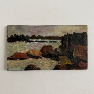 Oil on panel seaside rocks by F. Viaus 20th century A5650
