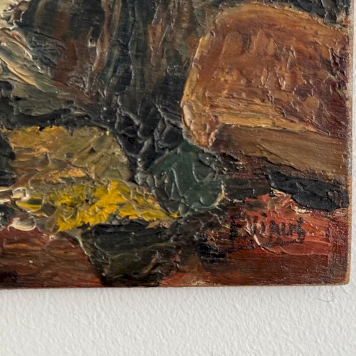 Huile sur panneau bord de mer rochers par F. Viaus XXe A5650