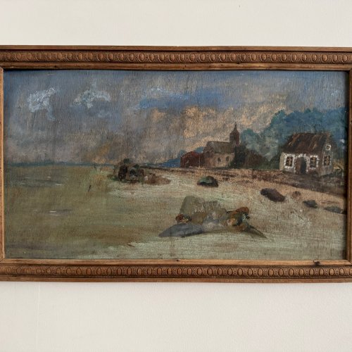 Huile sur panneau côte rocheuse bord de mer XXe A5645