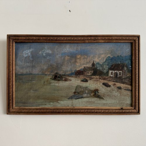 Huile sur panneau côte rocheuse bord de mer XXe A5645
