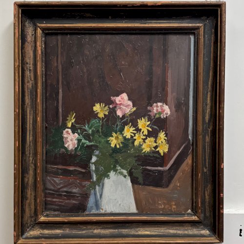 Huile sur panneau début XXe bouquet de fleurs dans son vase A5860