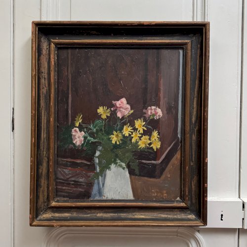 Huile sur panneau début XXe bouquet de fleurs dans son vase A5860
