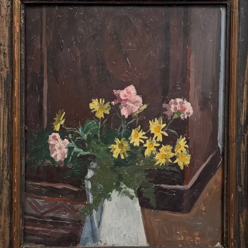 Huile sur panneau début XXe bouquet de fleurs dans son vase A5860