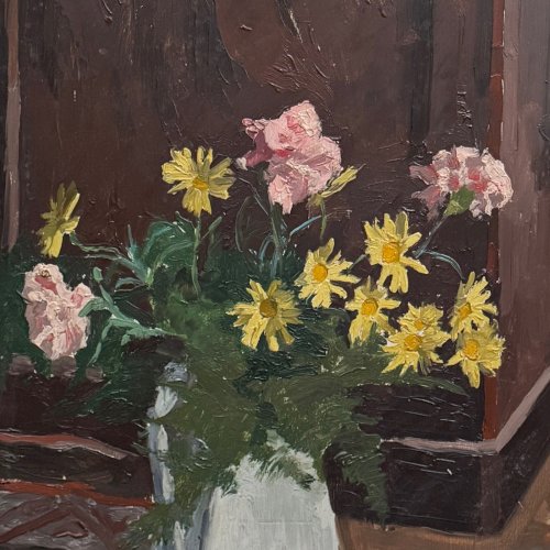 Huile sur panneau début XXe bouquet de fleurs dans son vase A5860