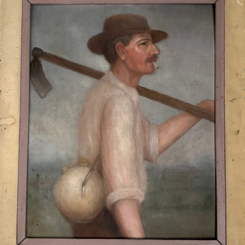 Huile sur panneau fermier travailleur au champ XXe par M. Potiron A5721