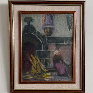 Huile sur panneau Jean-Laurent Challié Bretonne assise  église XXe A5878