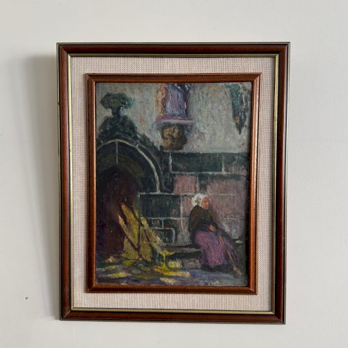 Huile sur panneau Jean-Laurent Challié Bretonne assise  église XXe A5878
