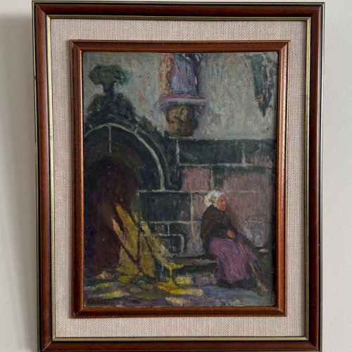 Huile sur panneau Jean-Laurent Challié Bretonne assise  église XXe A5878