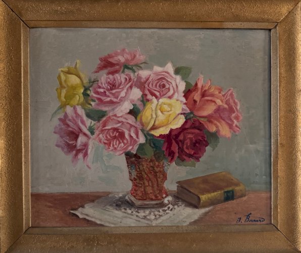 Huile sur panneau nature morte au vase de roses par J. Bernard XXe A5707