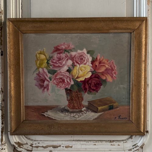 Huile sur panneau nature morte au vase de roses par J. Bernard XXe A5707