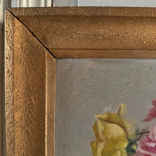 Huile sur panneau nature morte au vase de roses par J. Bernard XXe A5707