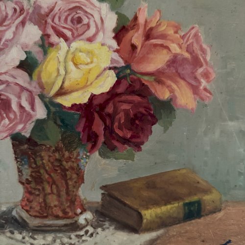 Huile sur panneau nature morte au vase de roses par J. Bernard XXe A5707