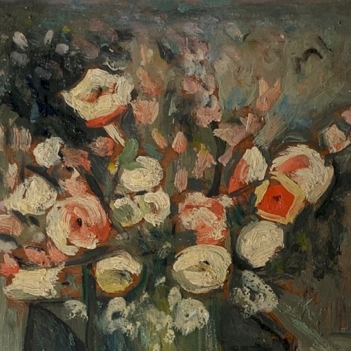 Huile sur panneau nature morte bouquet de fleurs par G. Schati vers 1930 A5868