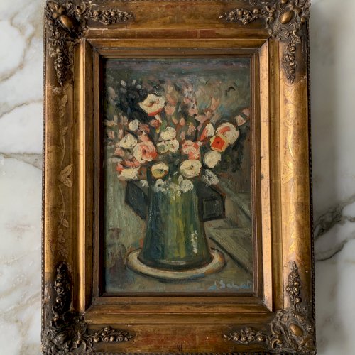 Huile sur panneau nature morte bouquet de fleurs par G. Schati vers 1930 A5868