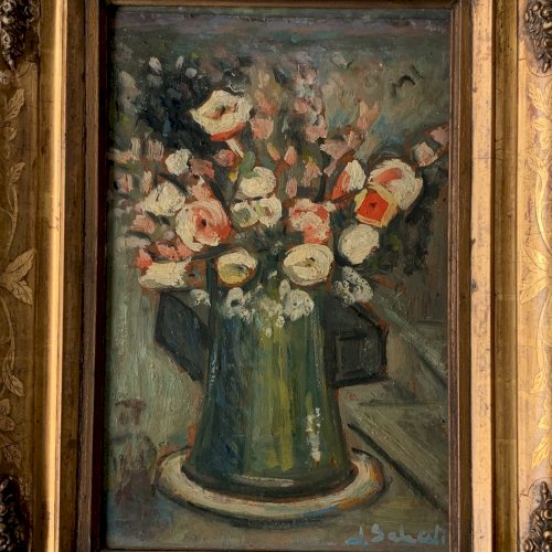 Huile sur panneau nature morte bouquet de fleurs par G. Schati vers 1930 A5868