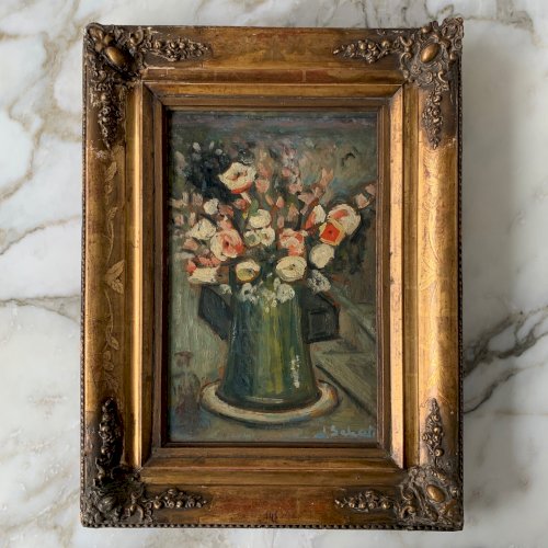 Huile sur panneau nature morte bouquet de fleurs par G. Schati vers 1930 A5868