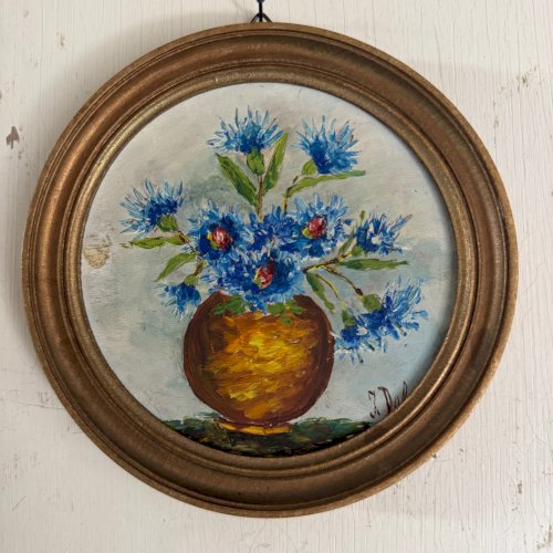 Huile sur panneau nature morte bouquet de fleurs par J. Delage XXe A5714