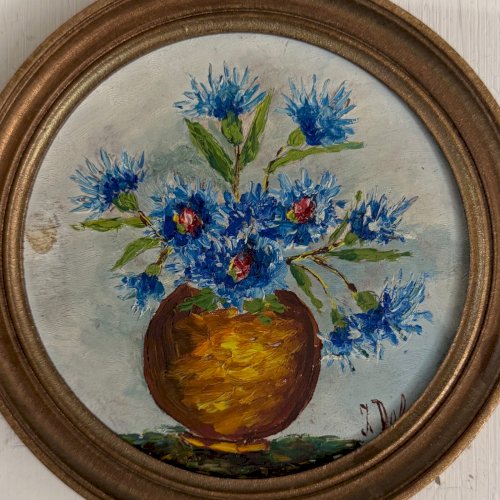 Huile sur panneau nature morte bouquet de fleurs par J. Delage XXe A5714