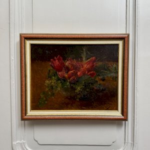Huile sur panneau nature mortes aux tulipes début XXe A5853