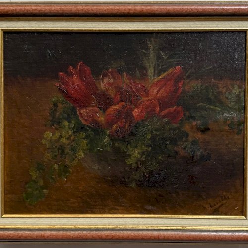 Huile sur panneau nature mortes aux tulipes début XXe A5853