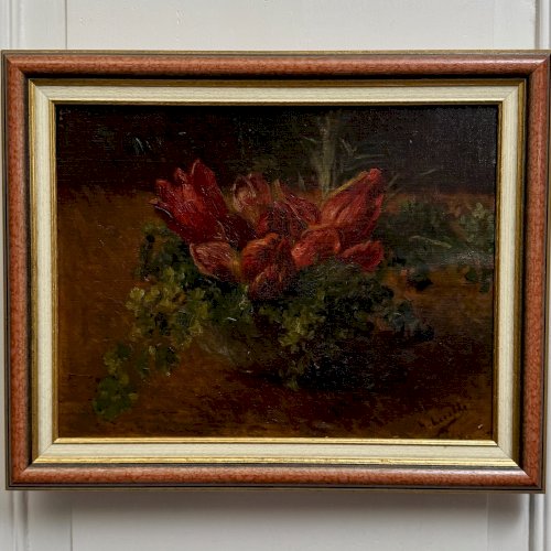 Huile sur panneau nature mortes aux tulipes début XXe A5853