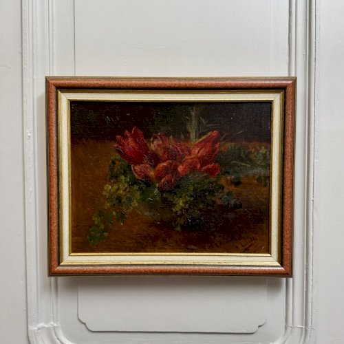 Huile sur panneau nature mortes aux tulipes début XXe A5853