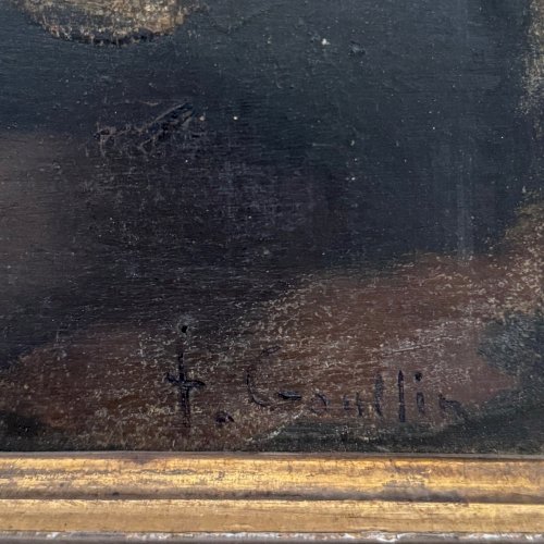 Huile sur panneau par Francis Goullin paysage forestier XIXe cadre doré A5689