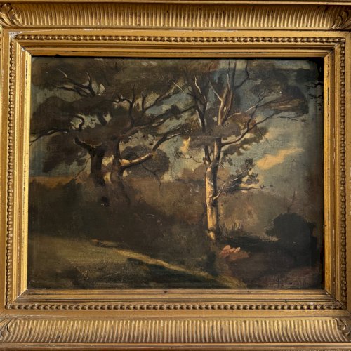 Huile sur panneau par Francis Goullin paysage forestier XIXe cadre doré A5689