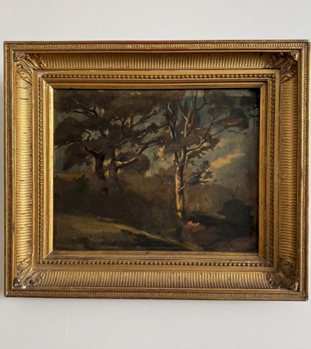Huile sur panneau par Francis Goullin paysage forestier XIXe cadre doré A5689