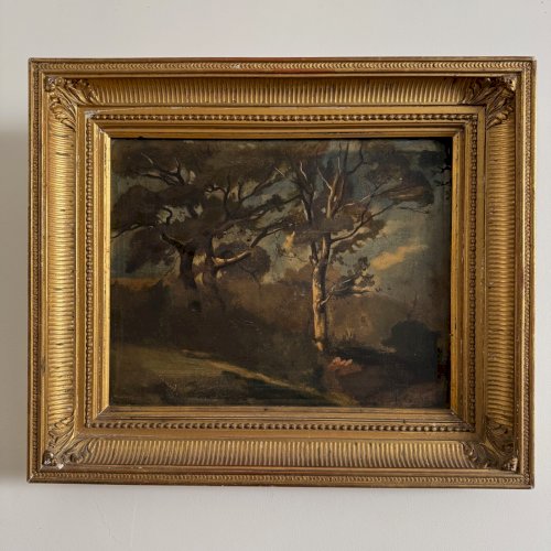 Huile sur panneau par Francis Goullin paysage forestier XIXe cadre doré A5689