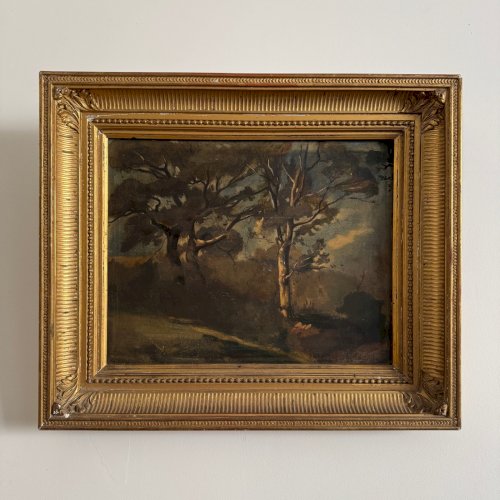 Huile sur panneau par Francis Goullin paysage forestier XIXe cadre doré A5689