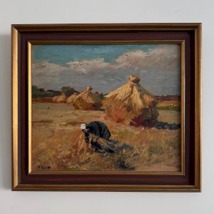 Oil on panel by Henri Vollet Breton woman gathering hay A5760