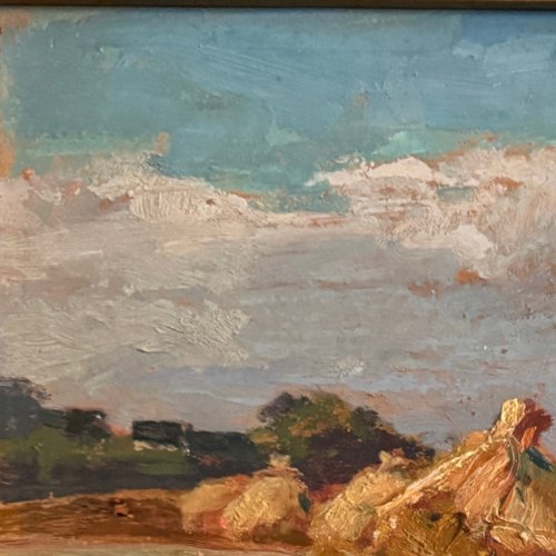 Huile sur panneau par Henri Vollet Bretonne ramassant le foin A5760