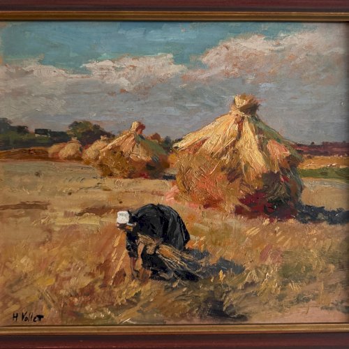 Huile sur panneau par Henri Vollet Bretonne ramassant le foin A5760