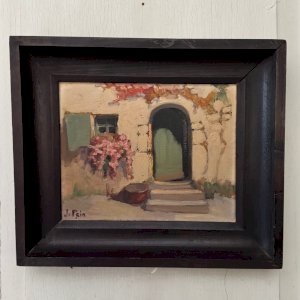 Oil on panel by Jeanne Prin, flowering house facade A5726