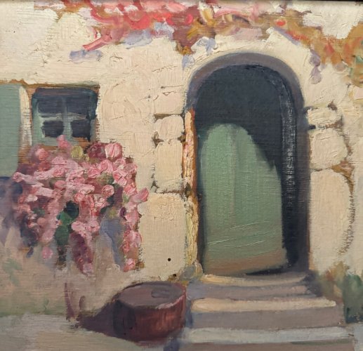 Huile sur panneau par Jeanne Prin façade de maison fleurie A5726