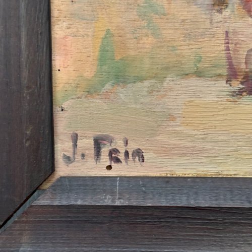 Huile sur panneau par Jeanne Prin façade de maison fleurie A5726