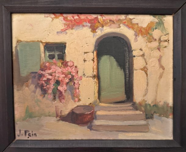 Huile sur panneau par Jeanne Prin façade de maison fleurie A5726