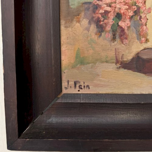 Huile sur panneau par Jeanne Prin façade de maison fleurie A5726