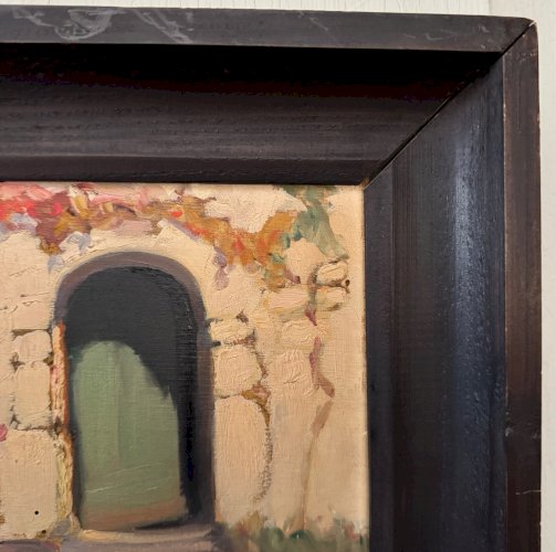 Huile sur panneau par Jeanne Prin façade de maison fleurie A5726