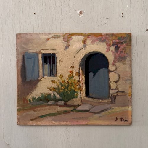 Huile sur panneau par Jeanne Prin façade de maison fleurie A5727