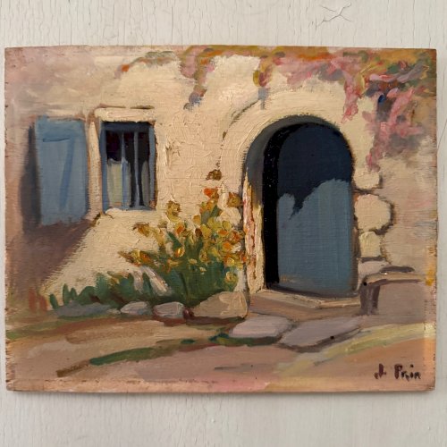Huile sur panneau par Jeanne Prin façade de maison fleurie A5727