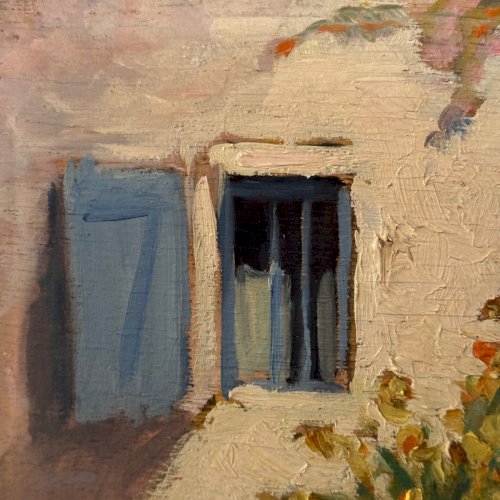 Huile sur panneau par Jeanne Prin façade de maison fleurie A5727