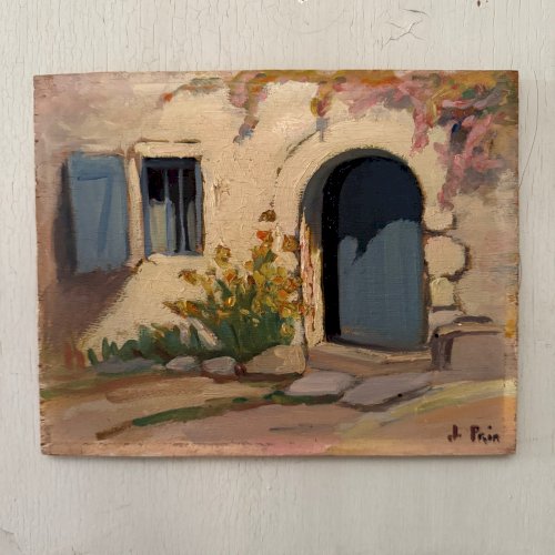 Huile sur panneau par Jeanne Prin façade de maison fleurie A5727