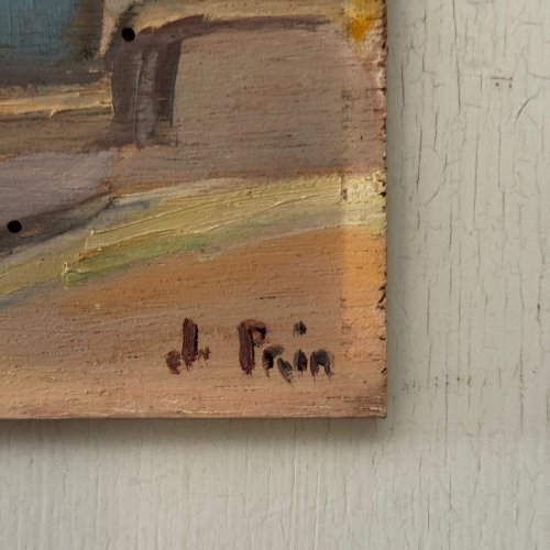 Huile sur panneau par Jeanne Prin façade de maison fleurie A5727