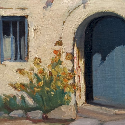 Huile sur panneau par Jeanne Prin façade de maison fleurie A5727