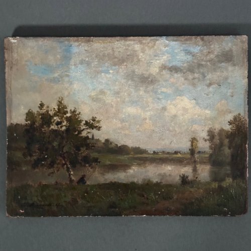 Huile sur panneau pêcheur au bord de l'eau XIXe Barbizon Ch.-E. Renault A5398